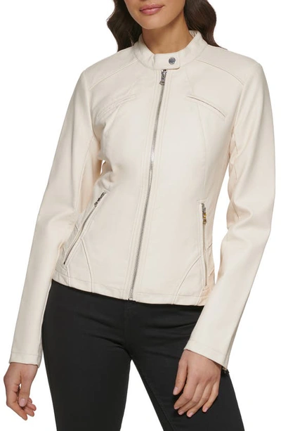 Guess Faux Leather Racer Jacket In Ivory