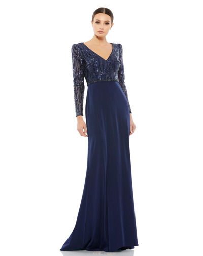 Mac Duggal Embellished Long Sleeve Bodice Column Dress In Blue