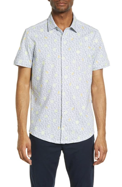 Stone Rose Melon Print Drytouch® Performance Knit Short Sleeve Button-up Shirt In Lime Yellow
