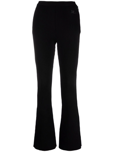 Courrèges Logo-embroidered Ribbed Bootcut Trousers In Black