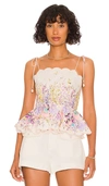 Zimmermann Jude Scalloped Floral-print Linen Peplum Top In Peach