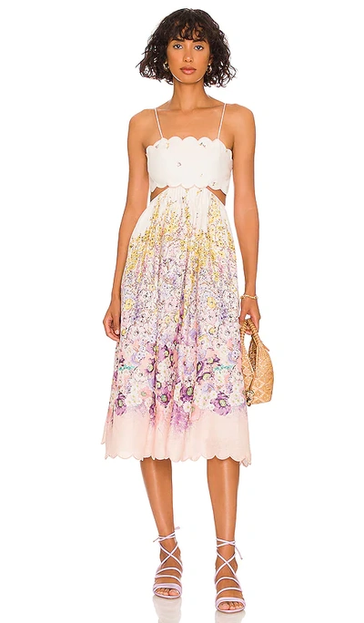 Zimmermann Jude Lace-up Cutout Scalloped Floral-print Linen Midi Dress In White,pink