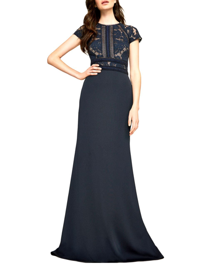 Tadashi Shoji Alg17705lxz Fitted Long Floral Lace Formal Evening Dress In Blue