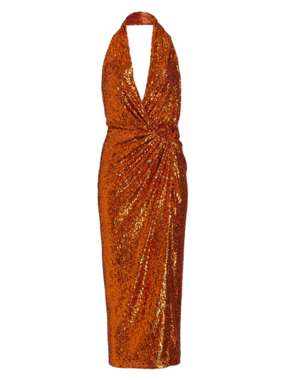 Adriana Iglesias Ivana Sequin Twisted Halter Midi Dress In Bright Orange