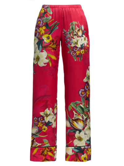 Adriana Iglesias Floral-print Silk Satin Pajama Pants In Persian Red Flowers