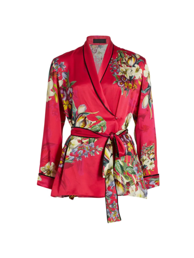 Adriana Iglesias Waldorf Silk Satin Pajama Top In Persian Red Flowers