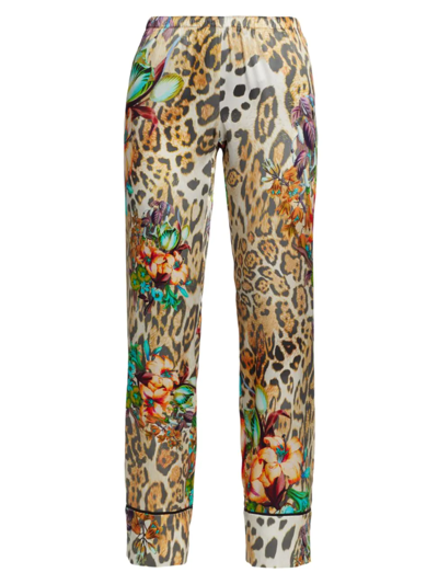 Adriana Iglesias Tropical Leopard Silk Pj Pants In Turquoise Flowers Leopard