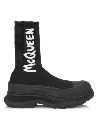 Alexander Mcqueen Black Sock-style Logo-print Boots In Nero Scuri