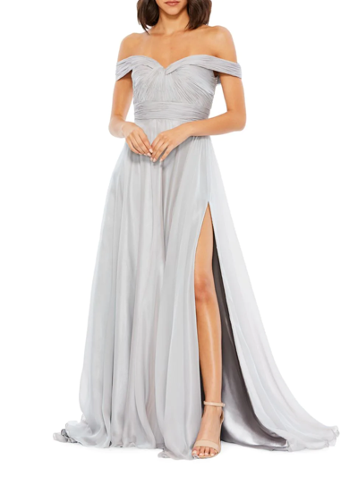 Mac Duggal Off-the-shoulder A-line Chiffon Gown With Thigh Slit In Pearl Grey