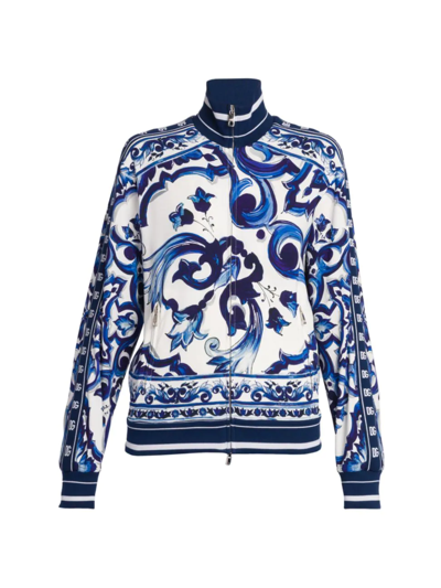 Dolce & Gabbana Blu Mediterraneo Cady Painterly Zip-up Jacket In Maiolica