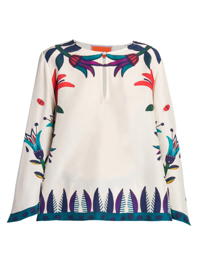 La Doublej Flying Floral-print Long Sleeved Silk Tunic In Iside Avorio