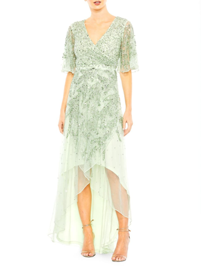 Mac Duggal Sequin High-low Chiffon Gown In Sage