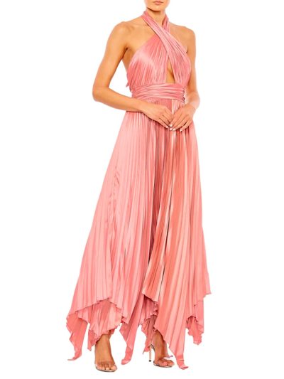Mac Duggal Pleated Halter Neck Asymmetrical Hem Gown In Rose Pink