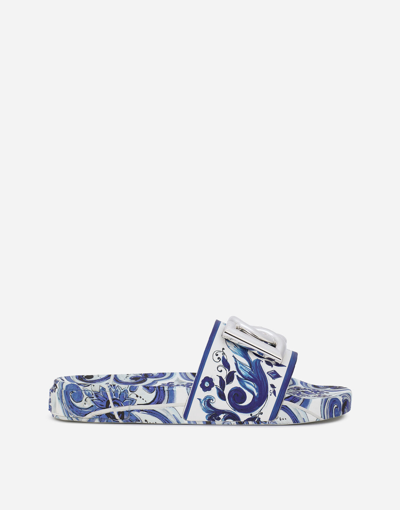 Dolce & Gabbana Calfskin Beachwear Sliders In Majolica-design Rubberized Calfskin In Multicolor