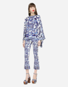 Dolce & Gabbana Flared Trumpet-leg Charmeuse Pants With Majolica Print In Multicolor