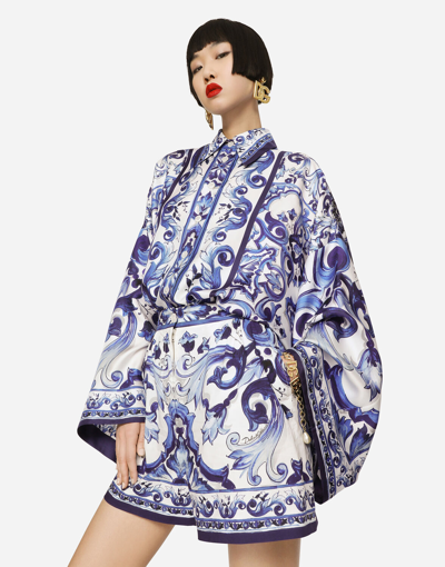 DOLCE & GABBANA MAJOLICA-PRINT TWILL SHIRT WITH SLITS