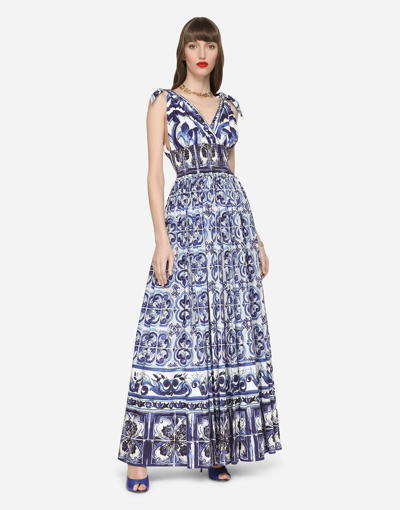 DOLCE & GABBANA LONG MAJOLICA-PRINT POPLIN DRESS