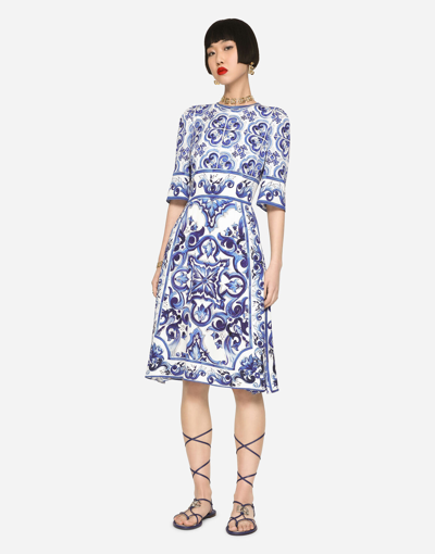 Dolce & Gabbana Majolica-print Charmeuse Midi Dress In Multicolor