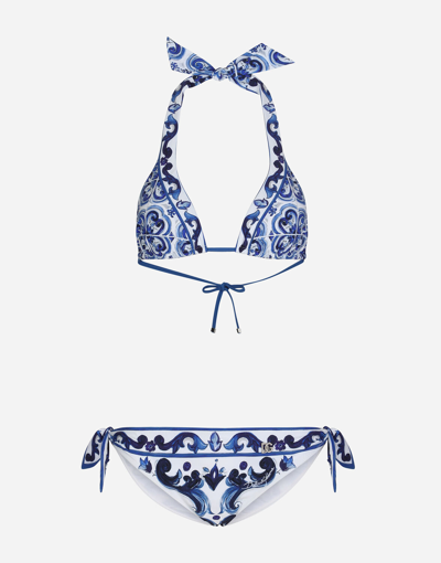 Dolce & Gabbana Majolica-print Padded Triangle Bikini In Multicolor