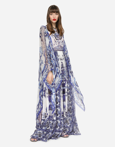 DOLCE & GABBANA LONG MAJOLICA-PRINT CHIFFON DRESS