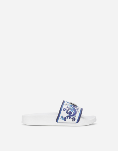 Dolce & Gabbana Majolica-print Sliders With Metal Dg Logo In Multicolor