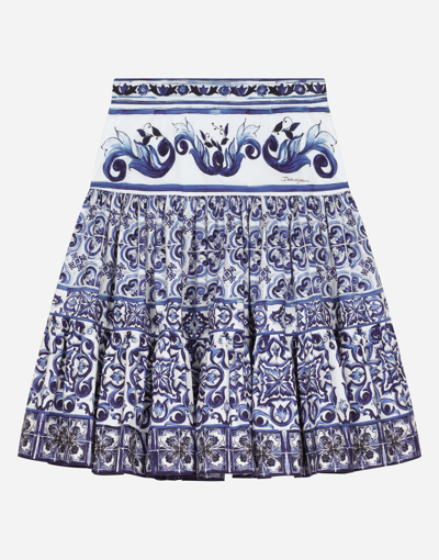 Dolce & Gabbana Kids' Long Majolica-print Poplin Skirt In Multicolor