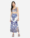 DOLCE & GABBANA MAJOLICA-PRINT CHARMEUSE CALF-LENGTH SKIRT WITH SLIT