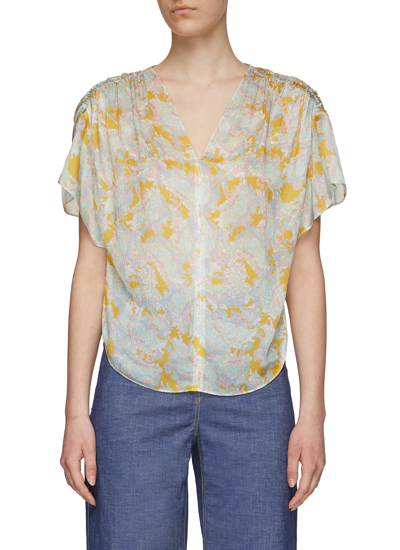 Vince Lotus Ruched Short-sleeve Silk Blouse In Multi-colour