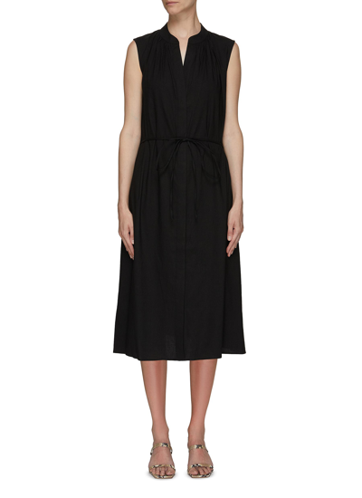 Vince Belted Shirred Mandarin Collar Sleeveless Dress In Black