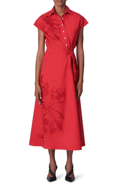 Carolina Herrera Embroidered Asymmetric Cap Sleeve Stretch Cotton Dress In Poppy