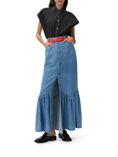 Ganni Ruffled Organic Cotton And Tencel Lyocell-blend Denim Maxi Skirt In Blue