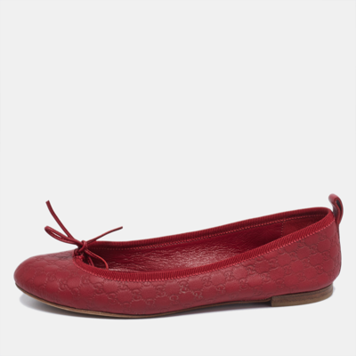 Pre-owned Gucci Red Microssima Leather Bow Detail Ballet Flats Size 35.5