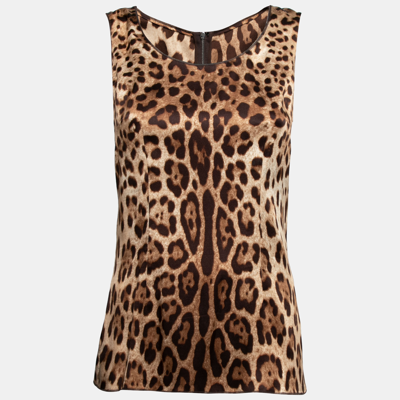Pre-owned Dolce & Gabbana Beige Leopard Print Silk Sleeveless Top M In Brown