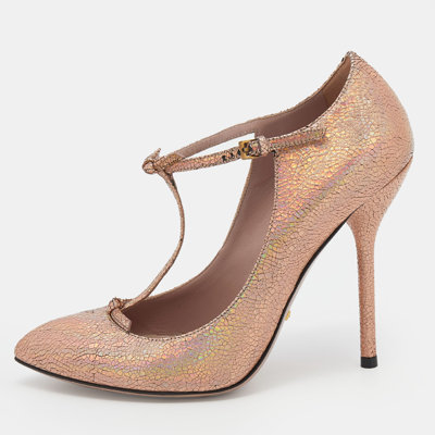 Pre-owned Gucci Metallic Holographic Crackled Leather Beverly T-strap Pumps Size 37 In Multicolor