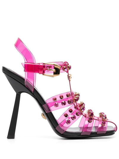 Versace Embellished Caged Jelly Slanted-heel Sandals In Cerise-oro