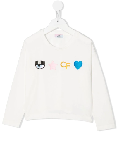 Chiara Ferragni Kids' Long-embroidered Long-sleeve T-shirt In White