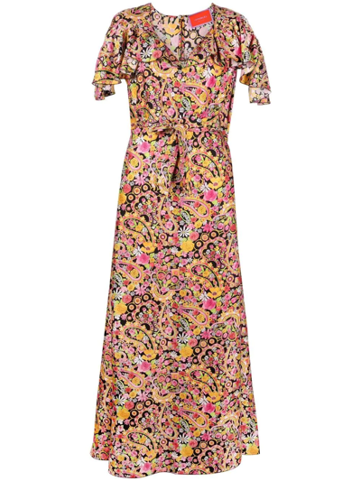 La Doublej 3-way Belted Ruffled Floral-print Silk-twill Maxi Dress In Tripping Nero