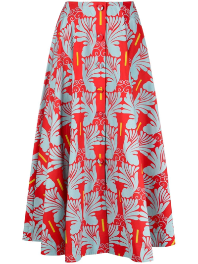La Doublej Holiday Printed Poplin Button-front Skirt In Ali Turchese