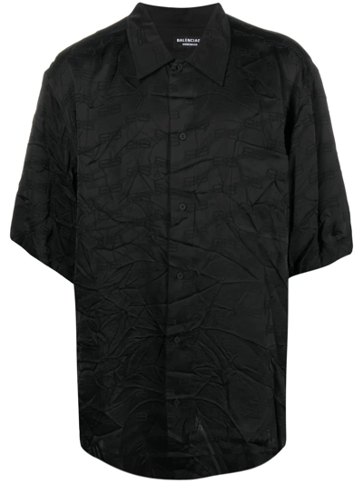 Balenciaga Crease-effect Jacquard Short-sleeve Shirt In Black