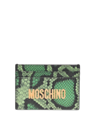 Moschino Snakeskin-effect Logo Cardholder In Green