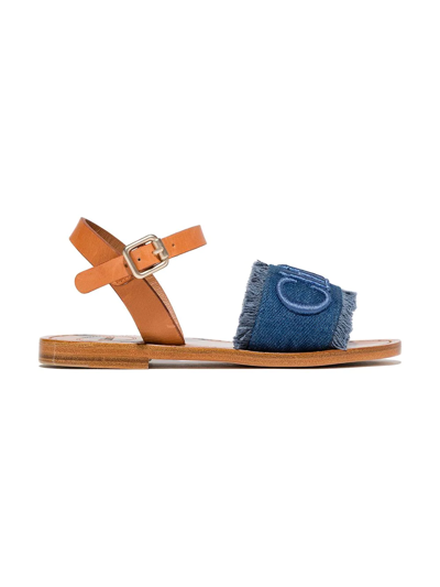 Chloé Kids' Embroidered-logo Denim-strap Sandals In Blue