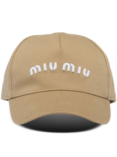 Miu Miu Drill Embroidered-logo Baseball Cap In Khaki/white