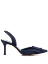 Manolo Blahnik Maysli Leather Buckle Halter Pumps In Navy