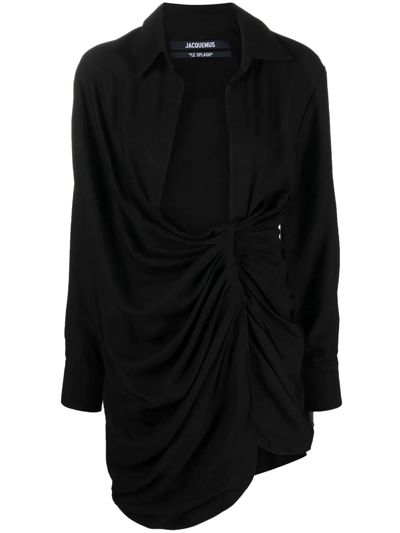 Jacquemus La Dressing Gown Bahia Drape Long Sleeve Shirtdress In Black