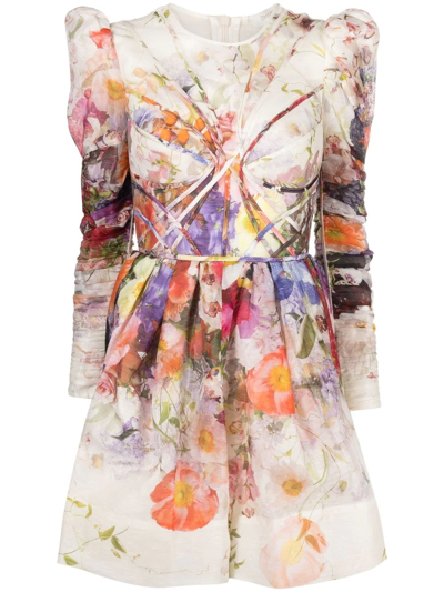 Zimmermann Prima Paneled Floral-print Linen And Silk-blend Organza Mini Dress In Multi Floral