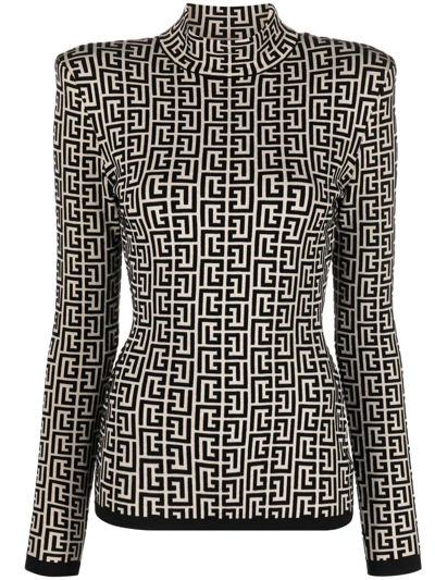 Balmain Logo Jacquard Turtleneck Pullover In Black