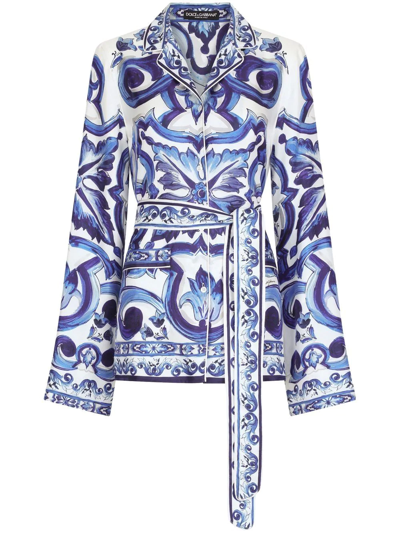 Dolce & Gabbana Majolica Print Silk Shirt With Belt In Multi-colored