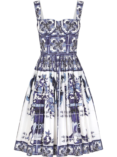 DOLCE & GABBANA MAJOLICA-PRINT CORSET MIDI DRESS