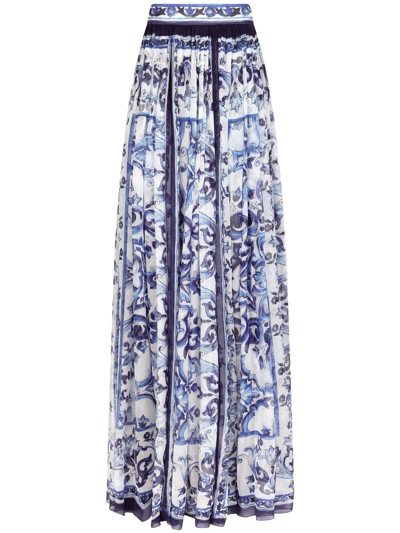 Dolce & Gabbana Majolica-print Silk Floor-length Skirt In Blue
