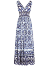 Dolce & Gabbana Open-back Shirred Printed Cotton-poplin Maxi Dress In Blue